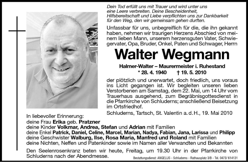  Traueranzeige für Walter Wegmann vom 21.05.2010 aus Dolomiten