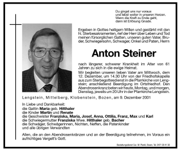 Traueranzeige von Anton Steiner von Dolomiten