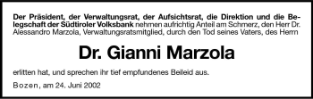 Traueranzeige von Gianni Marzola von Dolomiten