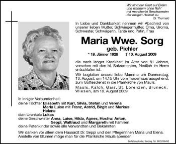 Traueranzeige von Maria Sorg von Dolomiten