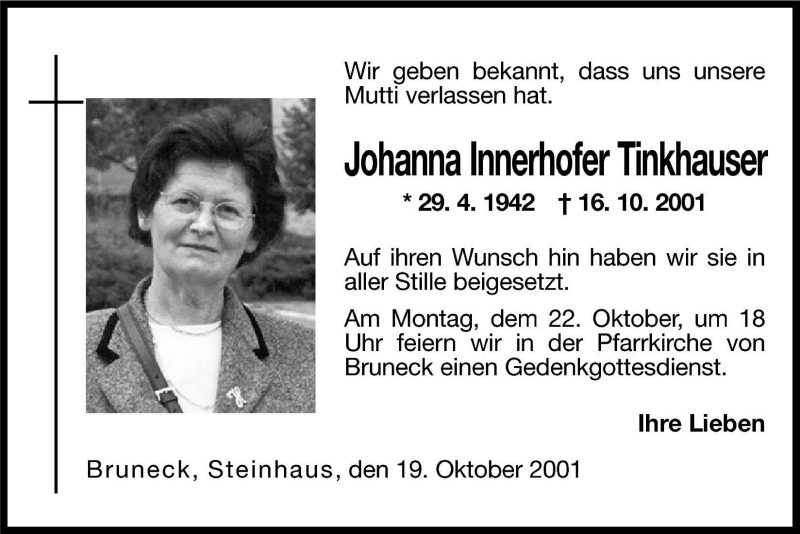  Traueranzeige für Johanna Innerhofer Tinkhauser vom 19.10.2001 aus Dolomiten