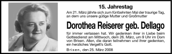Traueranzeige von Dorothea Reiserer von Dolomiten