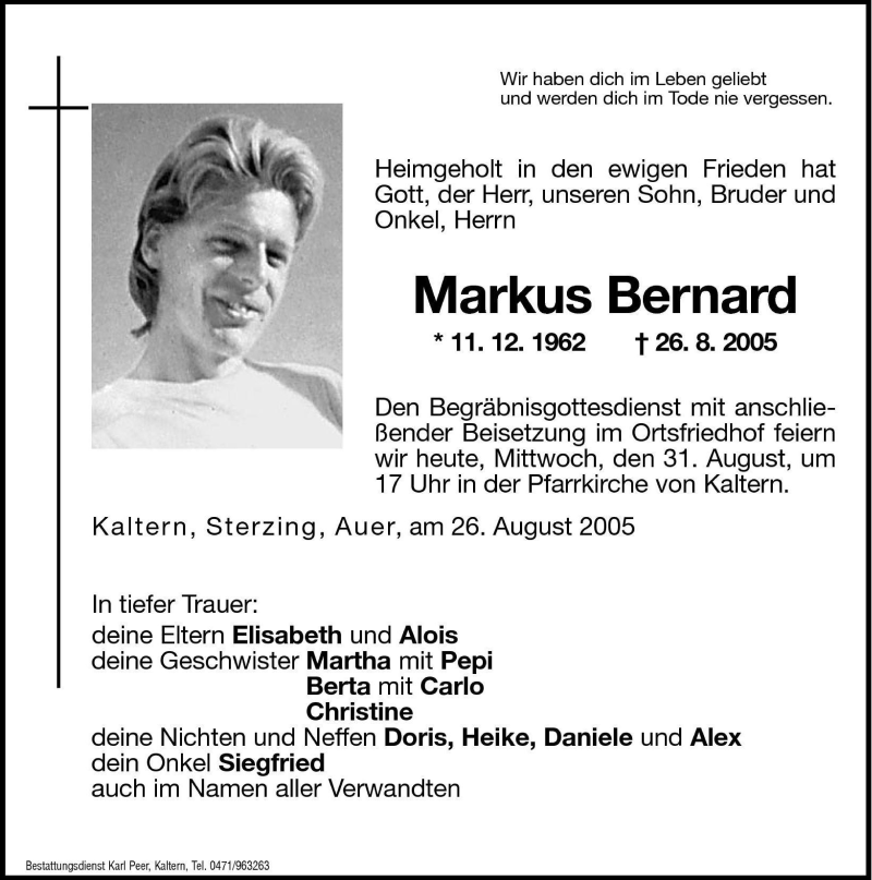  Traueranzeige für Markus Bernard vom 31.08.2005 aus Dolomiten