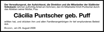 Traueranzeige von Cäcilia Puntscher von Dolomiten
