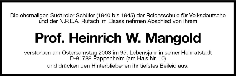  Traueranzeige für Heinrich W. Mangold vom 24.04.2003 aus Dolomiten