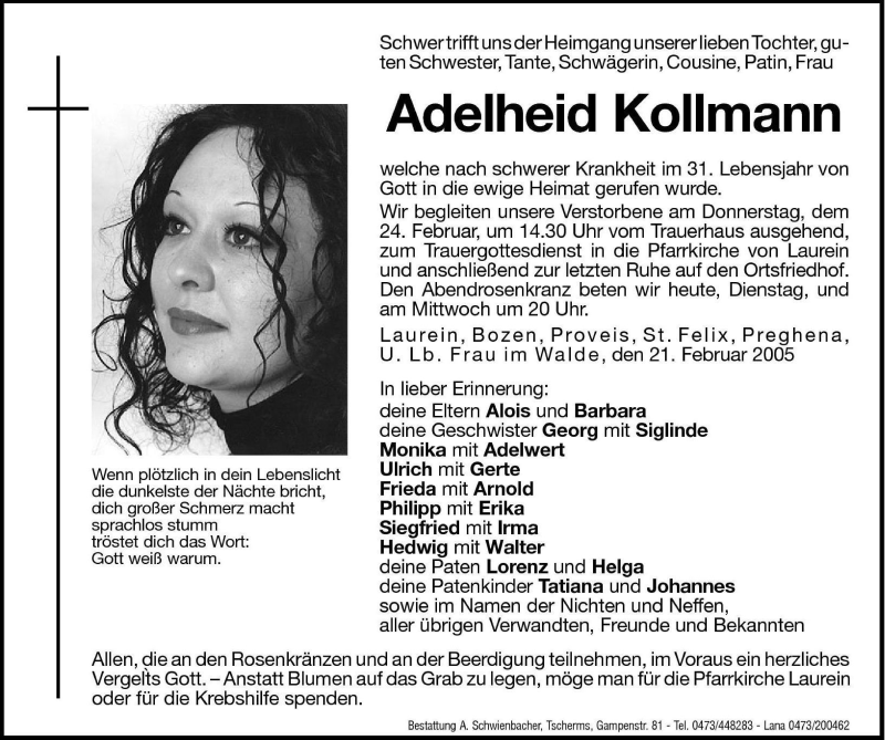  Traueranzeige für Adelheid Kollmann vom 22.02.2005 aus Dolomiten