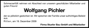 Traueranzeige von Wolfgang Pichler von Dolomiten