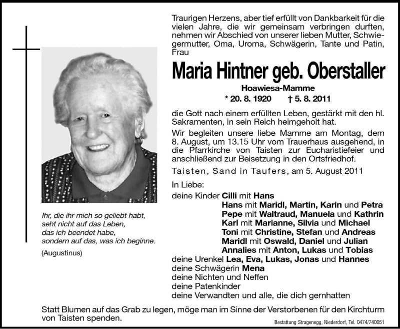  Traueranzeige für Maria Hintner vom 08.08.2011 aus Dolomiten