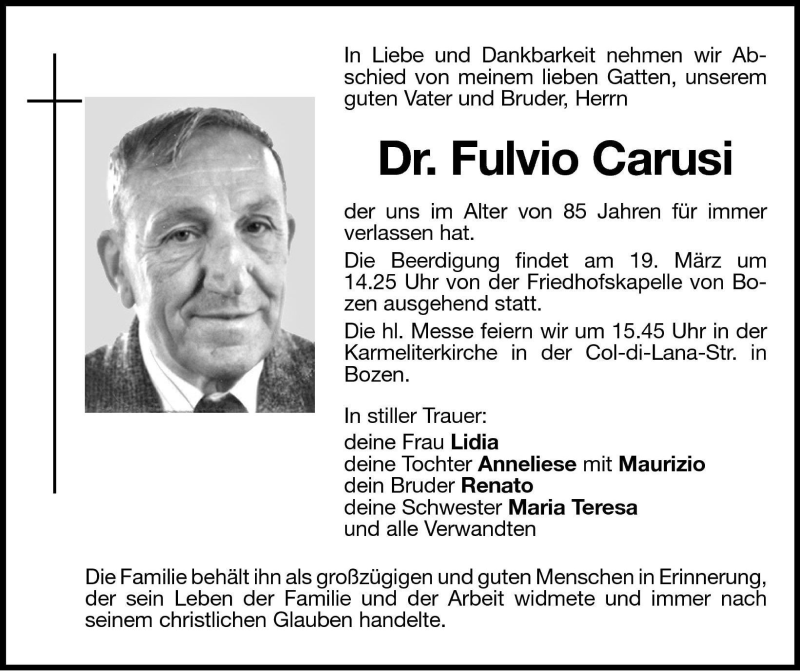  Traueranzeige für Fulvio Carusi vom 18.03.2008 aus Dolomiten