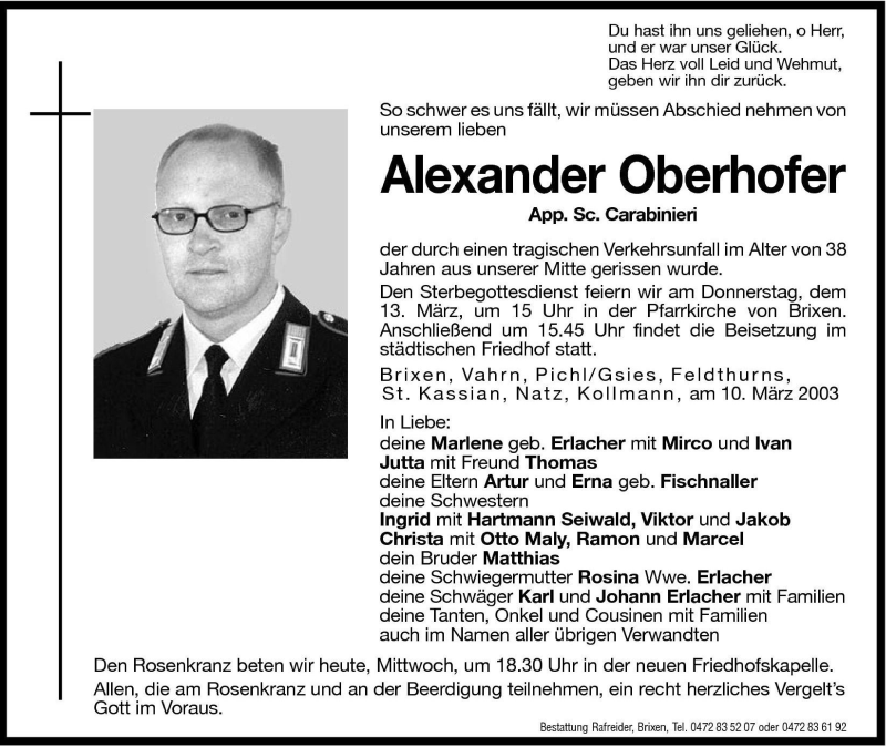  Traueranzeige für Alexander Oberhofer vom 12.03.2003 aus Dolomiten