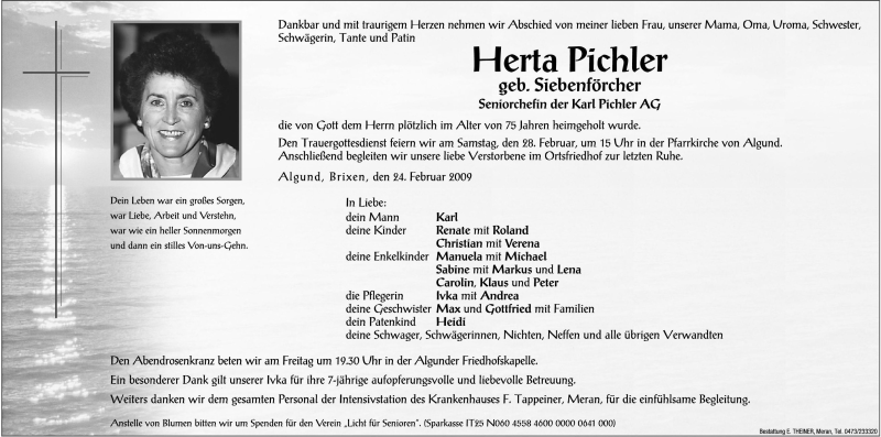  Traueranzeige für Herta Pichler vom 26.02.2009 aus Dolomiten