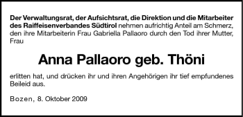 Traueranzeige von Anna Pallaoro von Dolomiten