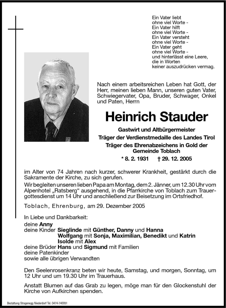  Traueranzeige für Heinrich Stauder vom 31.12.2005 aus Dolomiten