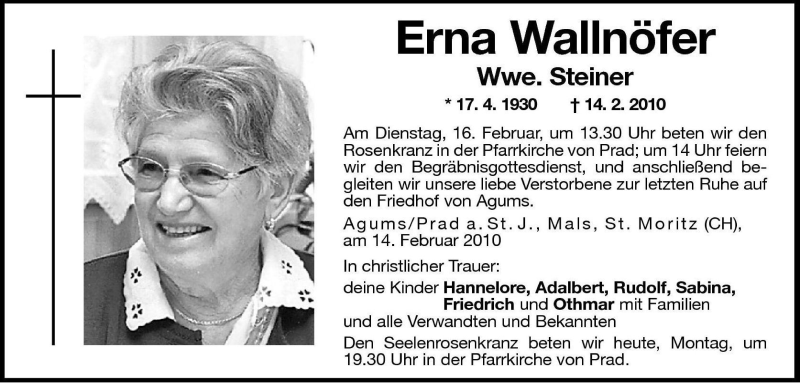  Traueranzeige für Erna Steiner vom 15.02.2010 aus Dolomiten