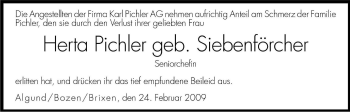 Traueranzeige von Herta Pichler von Dolomiten