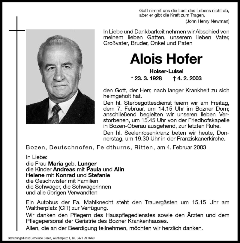  Traueranzeige für Alois Hofer vom 06.02.2003 aus Dolomiten