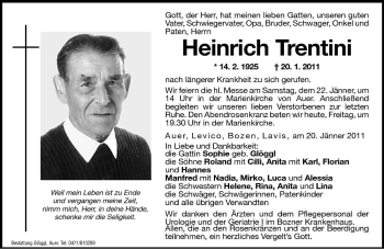 Traueranzeige von Heinrich Trentini von Dolomiten