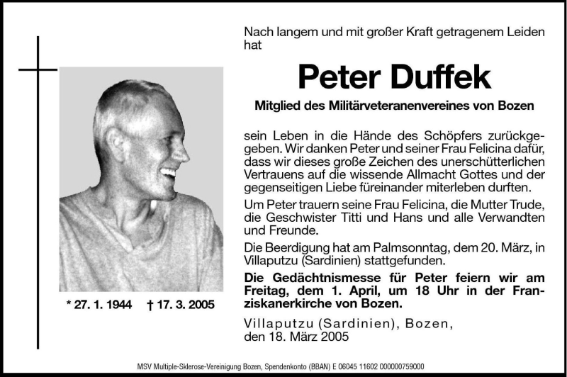  Traueranzeige für Peter Duffek vom 24.03.2005 aus Dolomiten