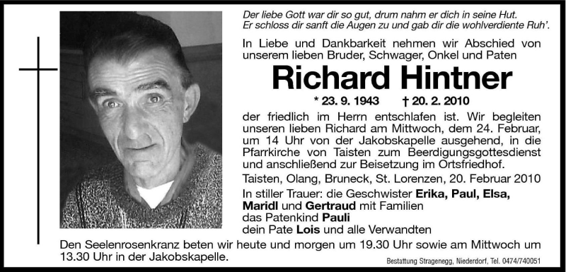  Traueranzeige für Richard Hintner vom 22.02.2010 aus Dolomiten