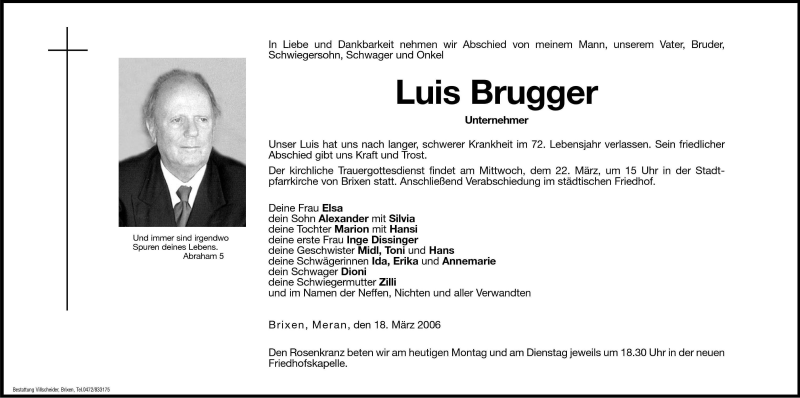 Traueranzeige für Luis Brugger vom 20.03.2006 aus Dolomiten