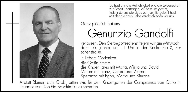  Traueranzeige für Genunzio Gandolfi vom 15.01.2002 aus Dolomiten