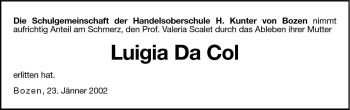 Traueranzeige von Luigia Da Col von Dolomiten