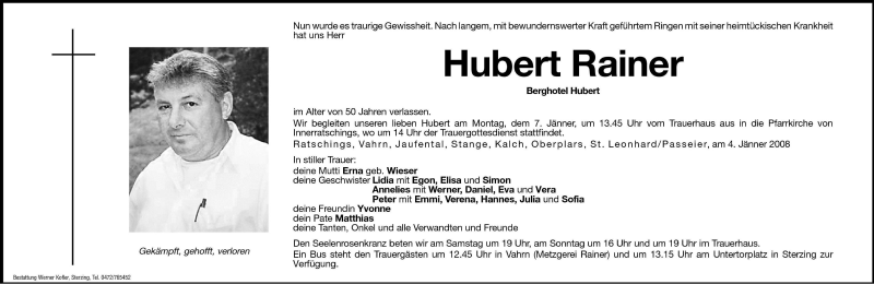  Traueranzeige für Hubert Rainer vom 05.01.2008 aus Dolomiten