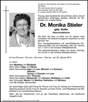 Traueranzeige von Monika Stieler von Dolomiten