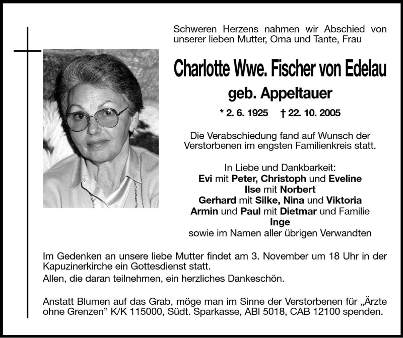 Traueranzeige für Charlotte Fischer von Edelau vom 02.11.2005 aus Dolomiten