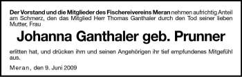 Traueranzeige von Johanna Ganthaler von Dolomiten