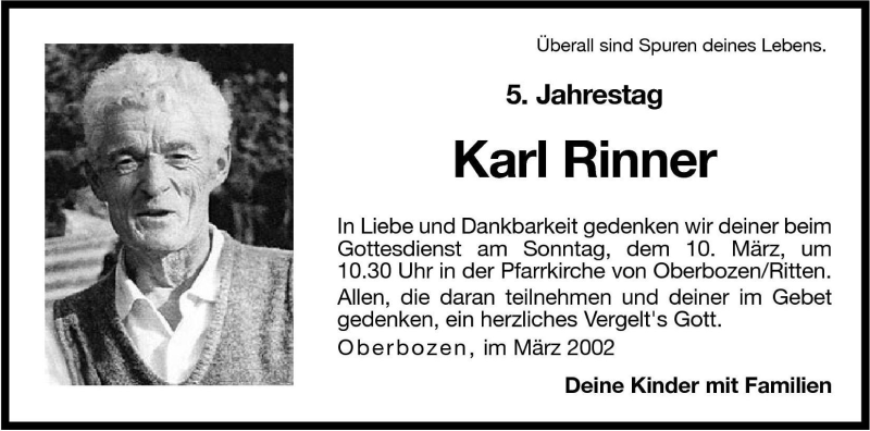  Traueranzeige für Karl Rinner vom 08.03.2002 aus Dolomiten