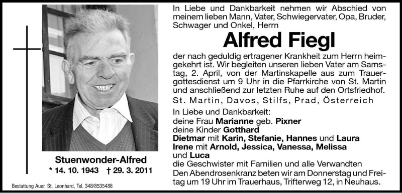  Traueranzeige für Alfred Fiegl vom 31.03.2011 aus Dolomiten