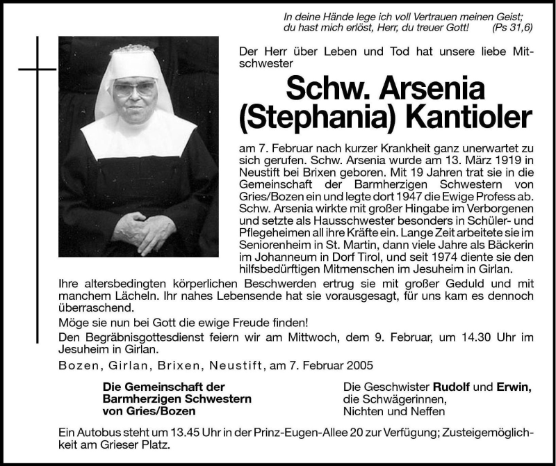  Traueranzeige für Arsenia (Stephania) Kantioler vom 08.02.2005 aus Dolomiten