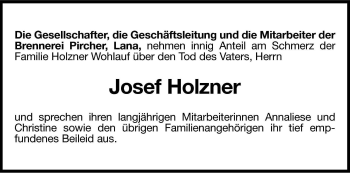 Traueranzeige von Josef Franz Holzner von Dolomiten