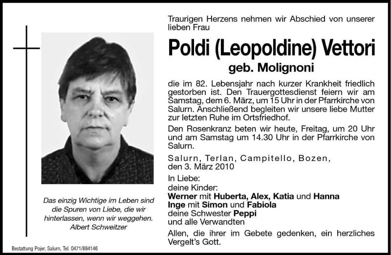  Traueranzeige für Poldi (Leopoldine) Vettori vom 05.03.2010 aus Dolomiten