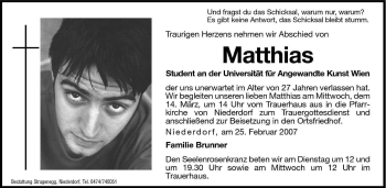 Traueranzeige von Matthias Brunner von Dolomiten