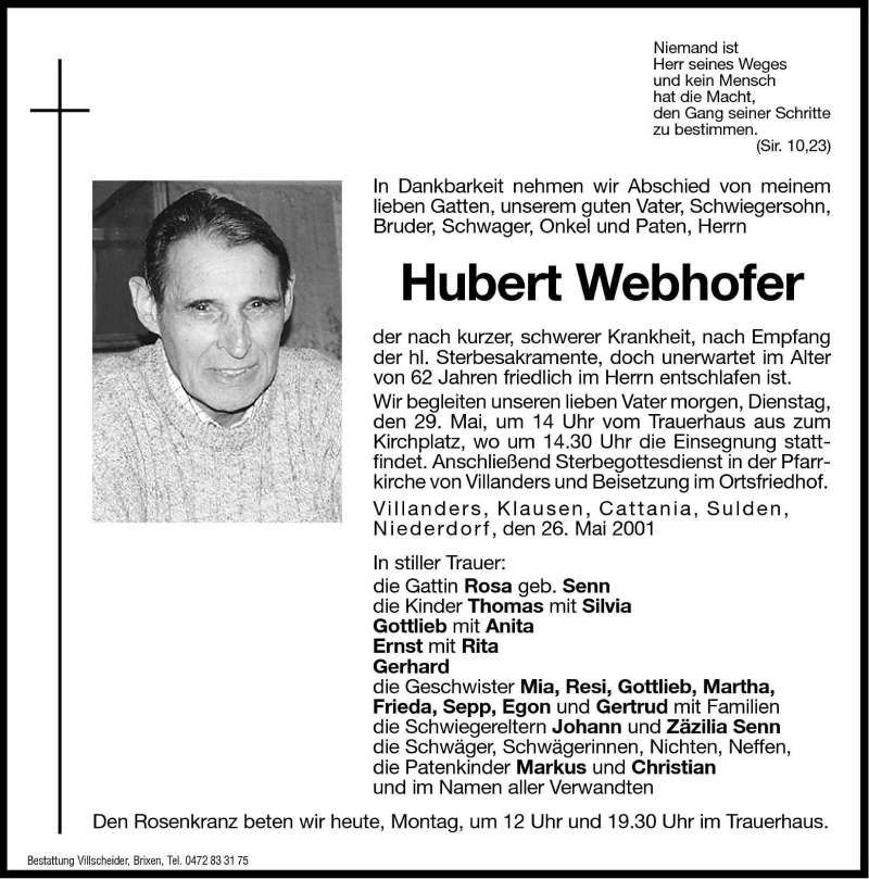  Traueranzeige für Hubert Webhofer vom 28.05.2001 aus Dolomiten