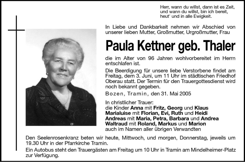  Traueranzeige für Paula Kettner vom 01.06.2005 aus Dolomiten