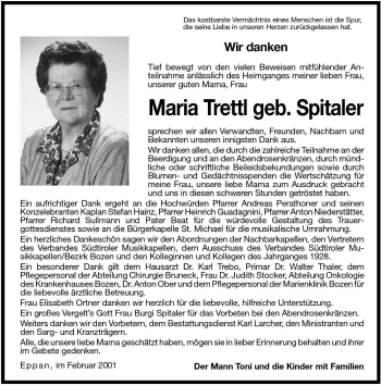 Traueranzeige von Maria Trettl von Dolomiten