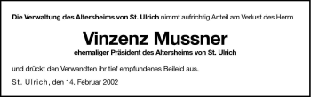 Traueranzeige von Vinzenz Mussner von Dolomiten