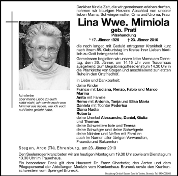 Traueranzeige von Lina Mimiola von Dolomiten