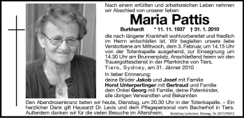 Traueranzeige von Maria Pattis von Dolomiten