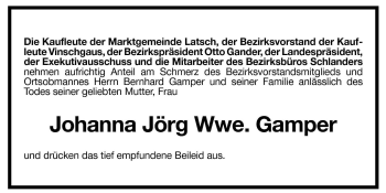 Traueranzeige von Johanna Gamper von Dolomiten