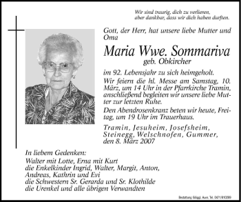 Traueranzeige von Maria Sommariva von Dolomiten