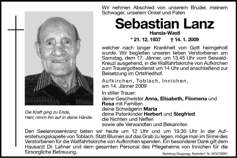  Traueranzeige für Sebastian Lanz vom 16.01.2009 aus Dolomiten
