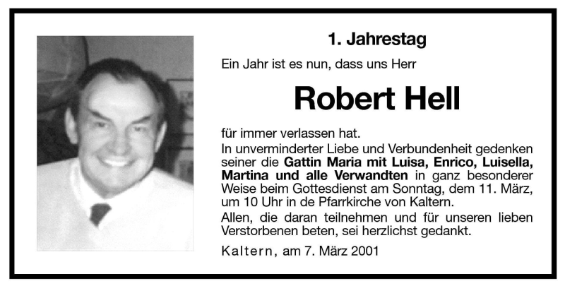  Traueranzeige für Robert Hell vom 07.03.2001 aus Dolomiten