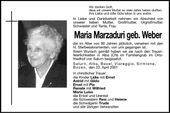 Traueranzeige von Maria Marzaduri von Dolomiten