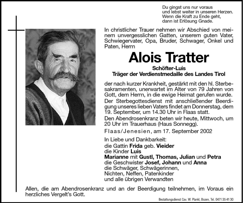  Traueranzeige für Alois Tratter vom 18.09.2002 aus Dolomiten