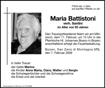 Traueranzeige von Maria Battistoni von Dolomiten