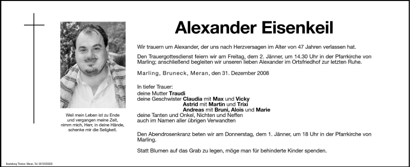  Traueranzeige für Alexander Eisenkeil vom 31.12.2008 aus Dolomiten